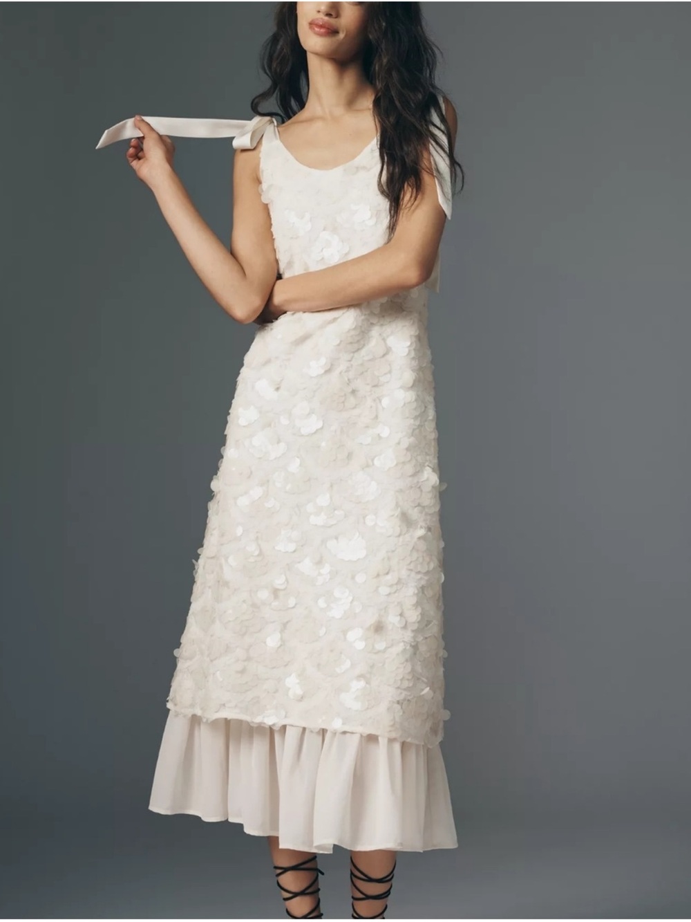En Saison Emryn Sequin Ivory Midi Dress with Ruffle Hem and Bow Shoulder Ties